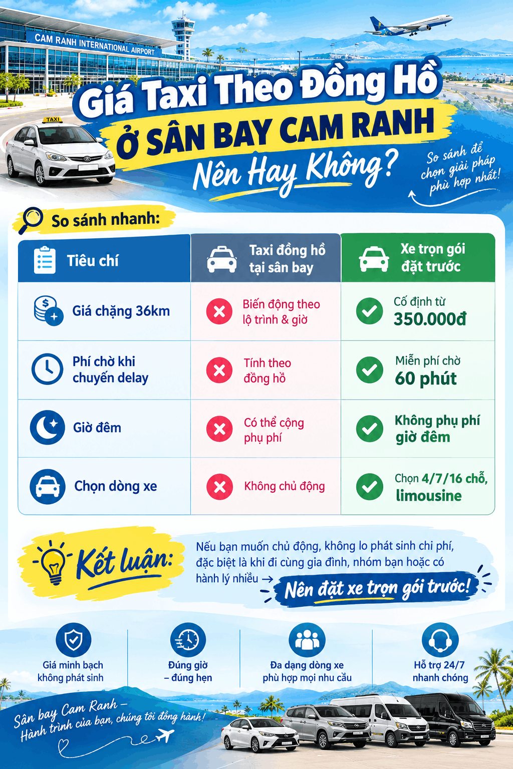 So sánh taxi theo đồng hồ và xe trọn gói sân bay Cam Ranh